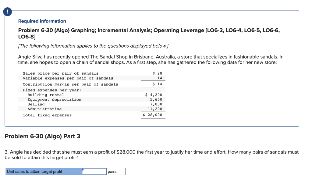 ! Required information Problem 6-30 (Algo) Graphing; Incremental Analysis; Operating Leverage [LO6-2,