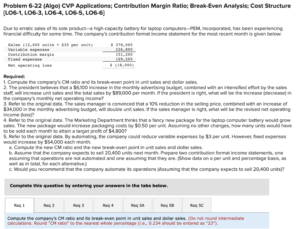 Problem 6-22 (Algo) CVP Applications; Contribution Margin Ratio; Break-Even Analysis; Cost Structure