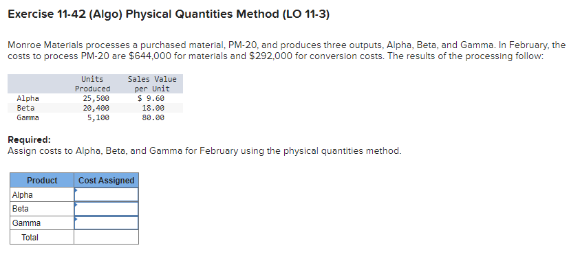 Exercise 11-42 (Algo) Physical Quantities Method (LO 11-3) Monroe Materials processes a