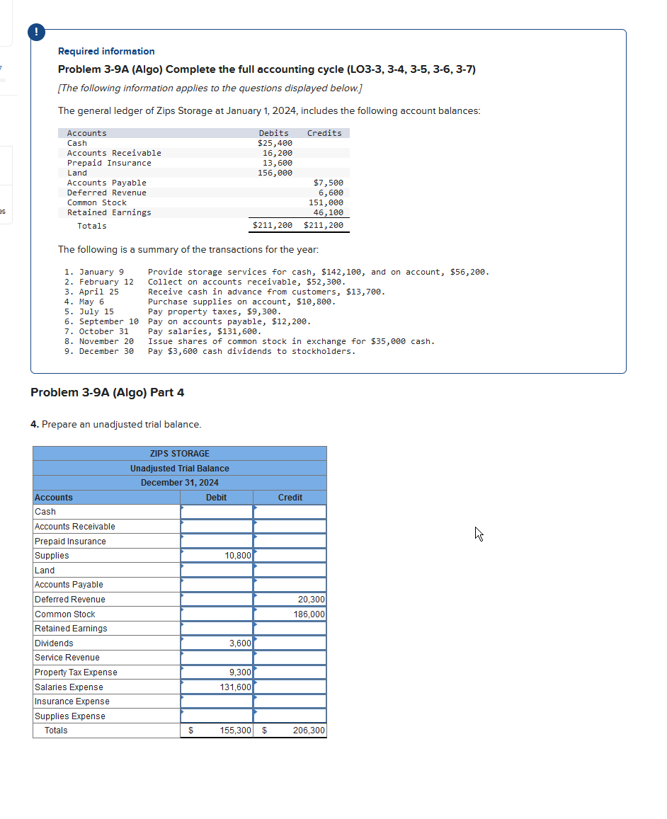 Required information Problem 3-9A (Algo) Complete the full accounting cycle (LO3-3, 3-4,