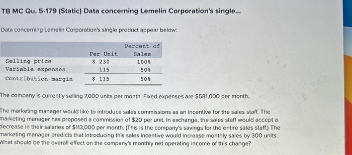 TB MC Qu. 5-179 (Static) Data concerning Lemelin Corporation's single... Data concerning