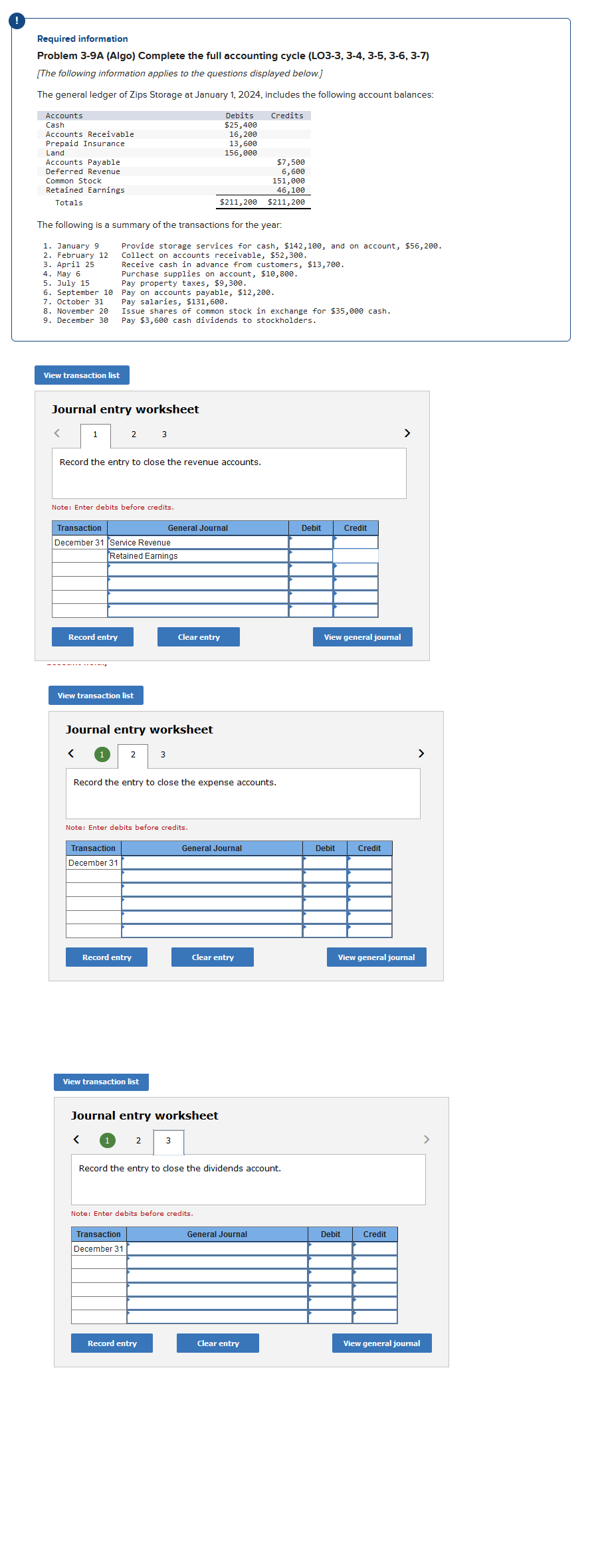 Required information Problem 3-9A (Algo) Complete the full accounting cycle (LO3-3, 3-4,