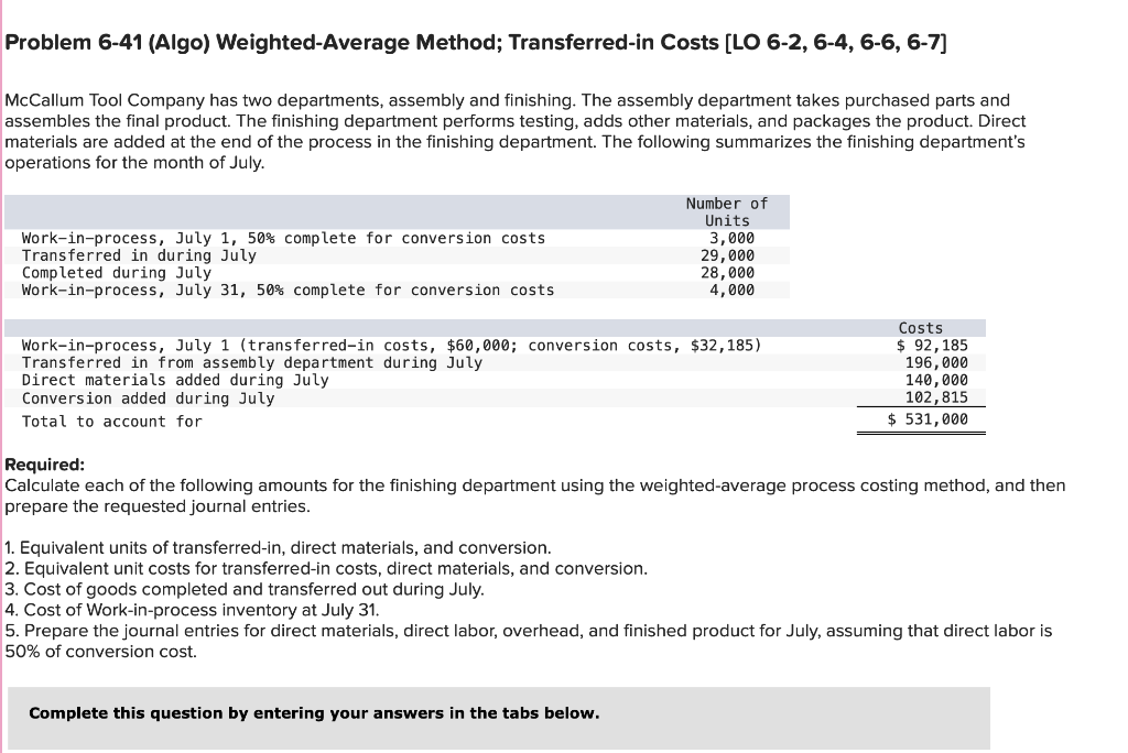 Problem 6-41 (Algo) Weighted-Average Method; Transferred-in Costs [LO 6-2, 6-4, 6-6, 6-7]