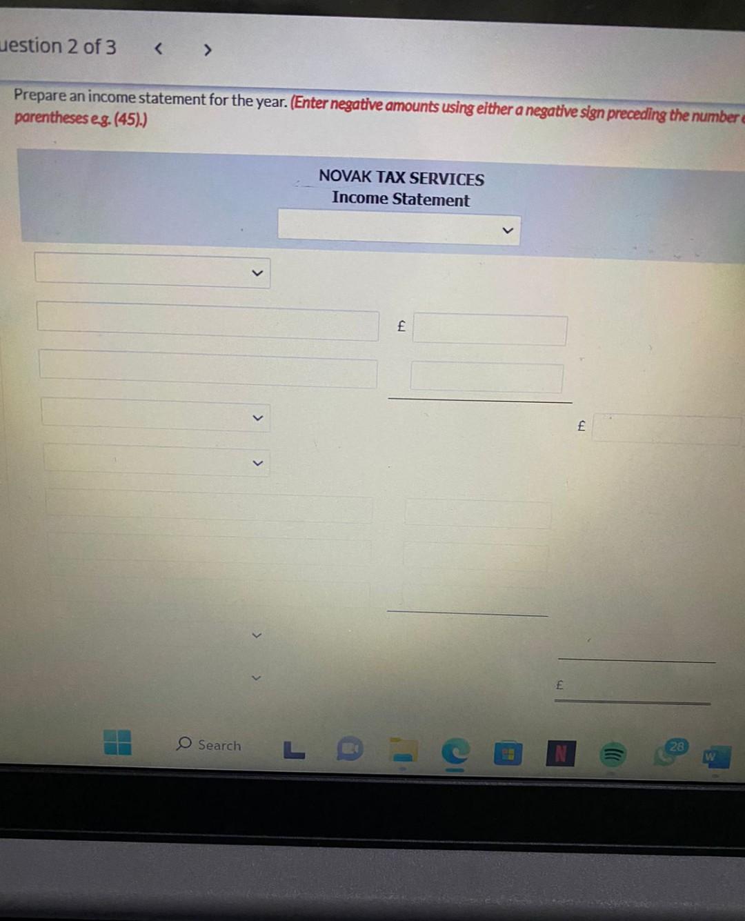 These financial statement items are for Novak Tax Services at year-end, July