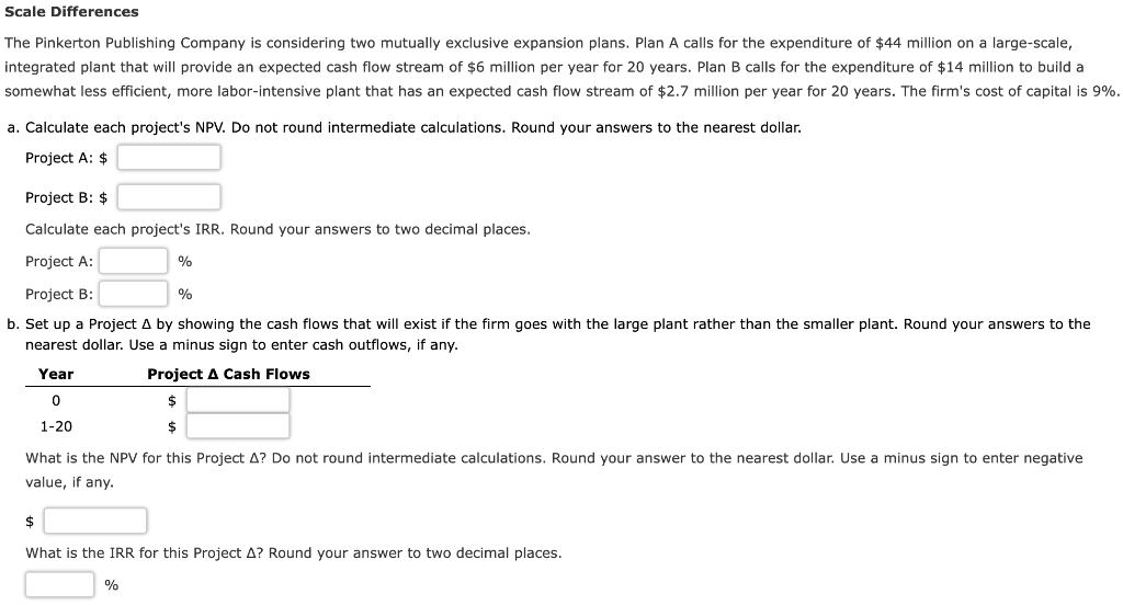 Scale Differences The Pinkerton Publishing Company is considering two mutually exclusive expansion