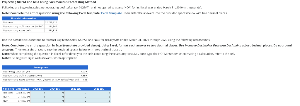 Projecting NOPAT and NOA Using Parsimonious Forecasting Method Following are Logitech's sales,