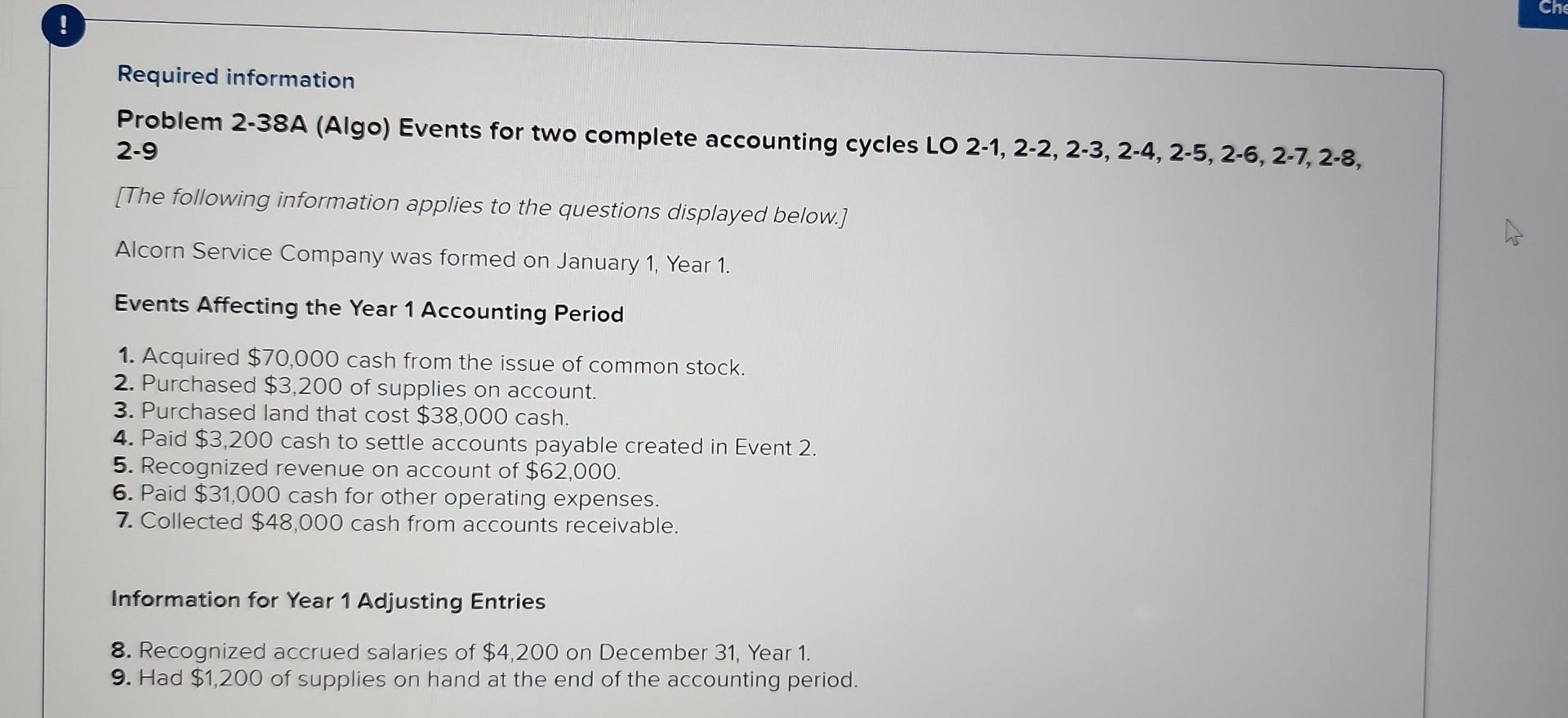 ! Required information Problem 2-38A (Algo) Events for two complete accounting cycles