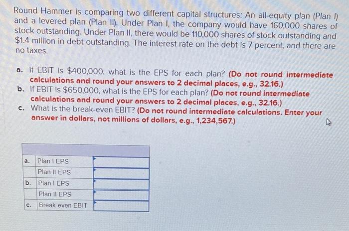 Round Hammer is comparing two different capital structures: An all-equity plan (Plan