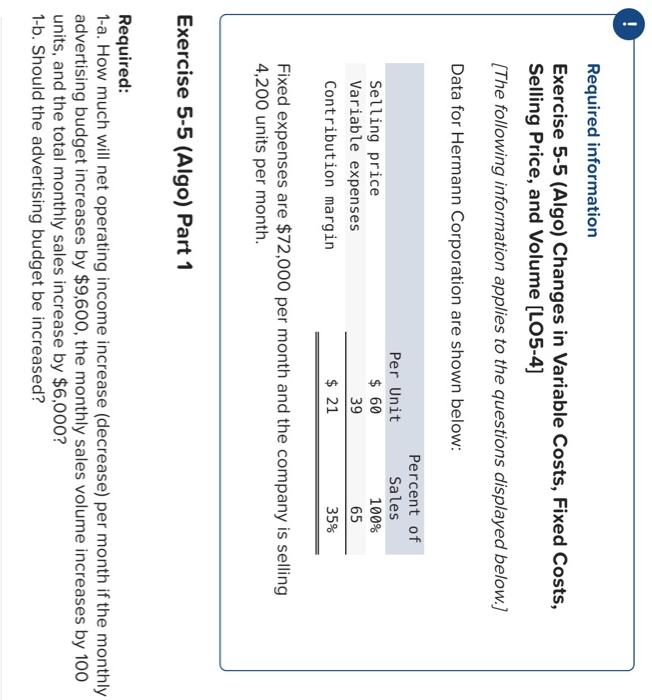 Required information Exercise 5-5 (Algo) Changes in Variable Costs, Fixed Costs, Selling
