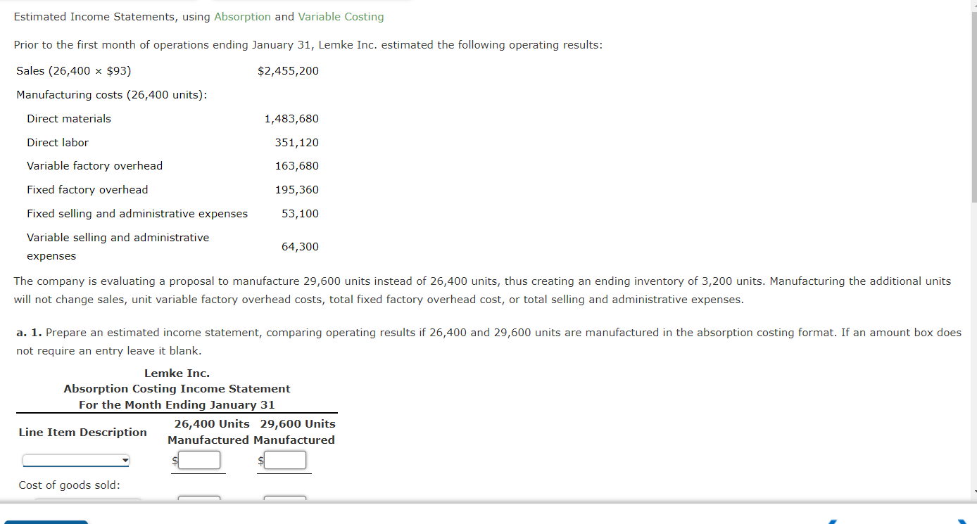 Estimated Income Statements, using Absorption and Variable Costing Prior to the first