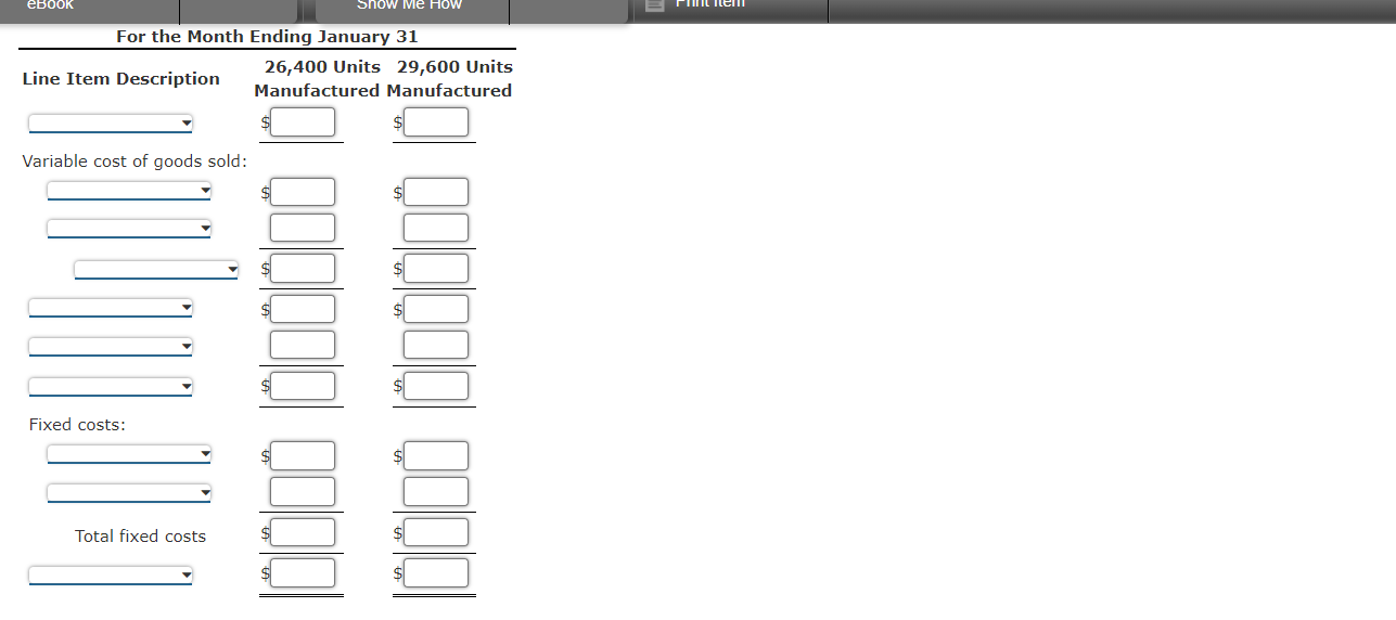 results: Sales (26,400 x $93) Manufacturing costs (26,400 units): $2,455,200 Direct materials