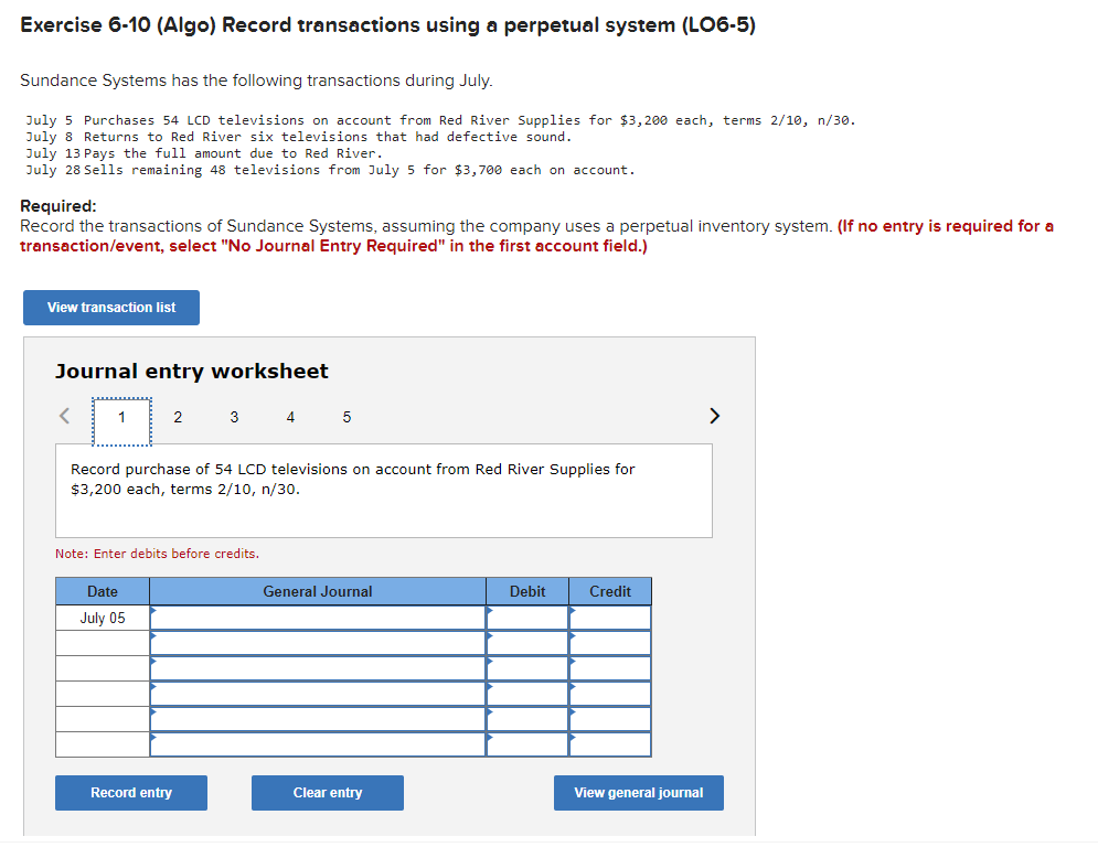 Exercise 6-10 (Algo) Record transactions using a perpetual system (LO6-5) Sundance Systems