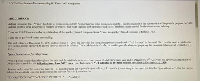 ACCT 4200 - Intermediate Accounting II: Winter 2022 Assignment THE COMPANY Aylmer