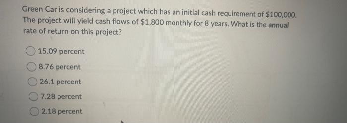 Green Car is considering a project which has an initial cash requirement