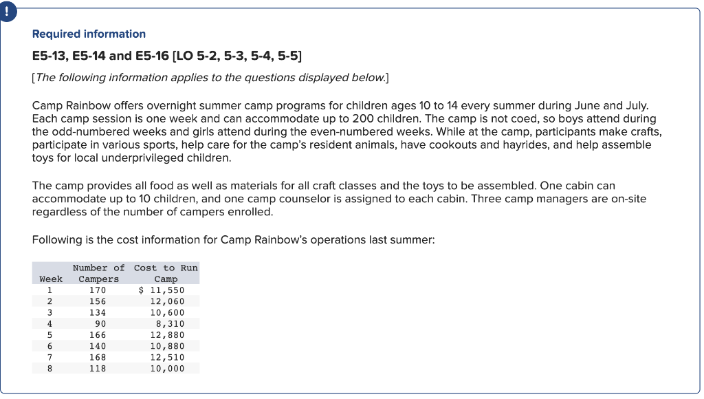 Required information E5-13, E5-14 and E5-16 [LO 5-2, 5-3,5-4, 5-5] [The following
