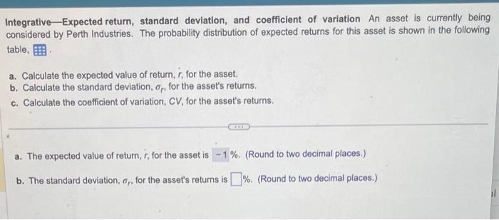 Integrative Expected return, standard deviation, and coefficient of variation An asset is