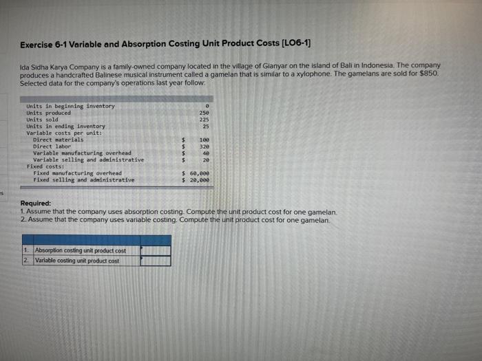es Exercise 6-1 Variable and Absorption Costing Unit Product Costs [LO6-1] Ida