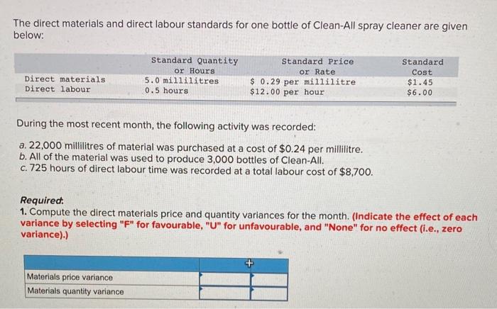 The direct materials and direct labour standards for one bottle of Clean-All