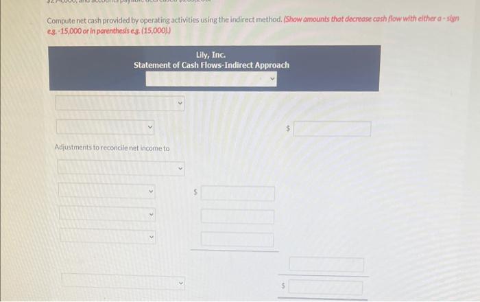 Compute net cash provided by operating activities using the indirect method. (Show