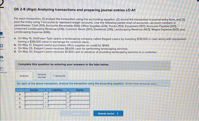 Book tint rint QS 2-8 (Algo) Analyzing transactions and preparing journal entries