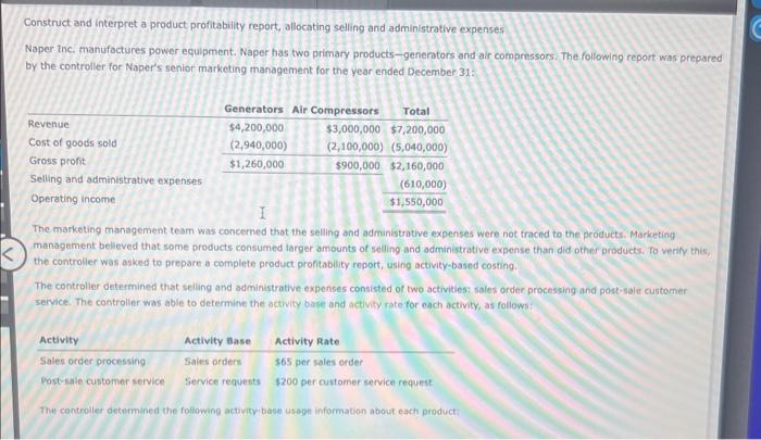 < Construct and interpret a product profitability report, allocating selling and administrative