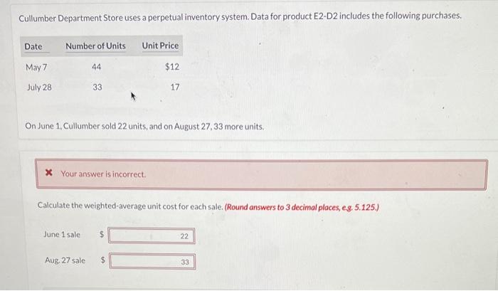 Cullumber Department Store uses a perpetual inventory system. Data for product E2-D2