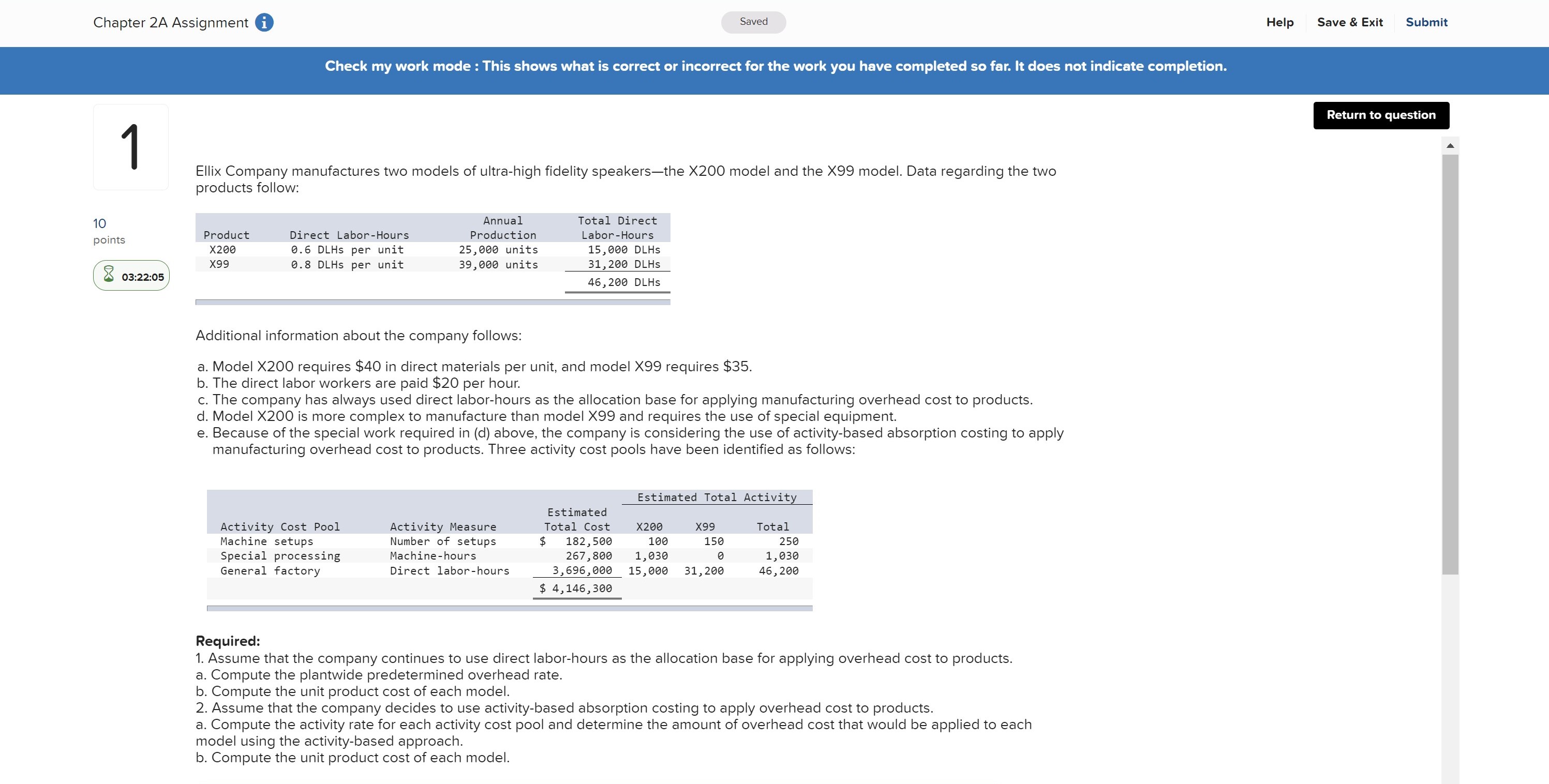Chapter 2A Assignment 10 points Saved Check my work mode : This