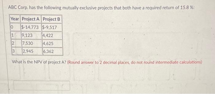 ABC Corp. has the following mutually exclusive projects that both have a