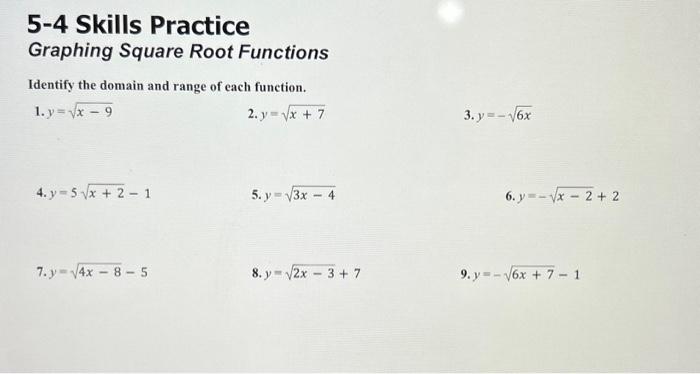 5-4 Skills Practice Graphing Square Root Functions Identify the domain and range