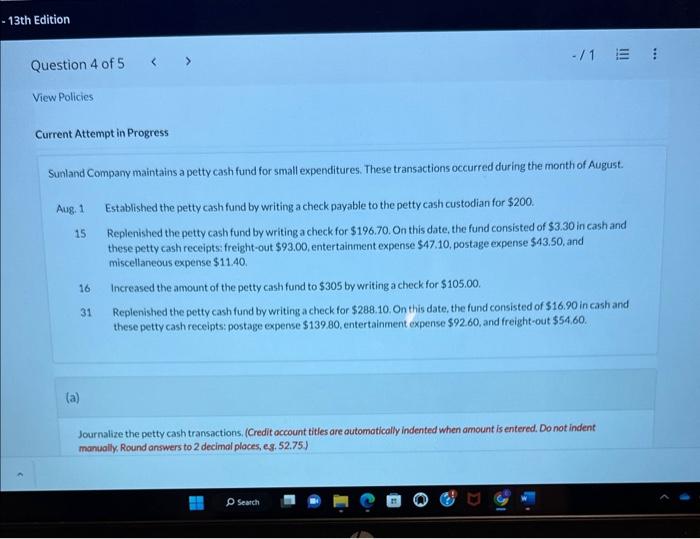 - 13th Edition Question 4 of 5 < > View Policies Current