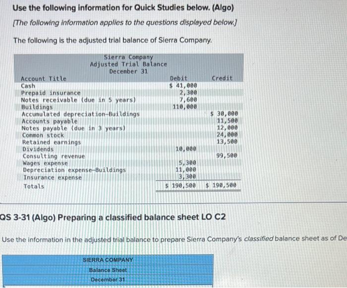 Use the following information for Quick Studies below. (Algo) [The following information