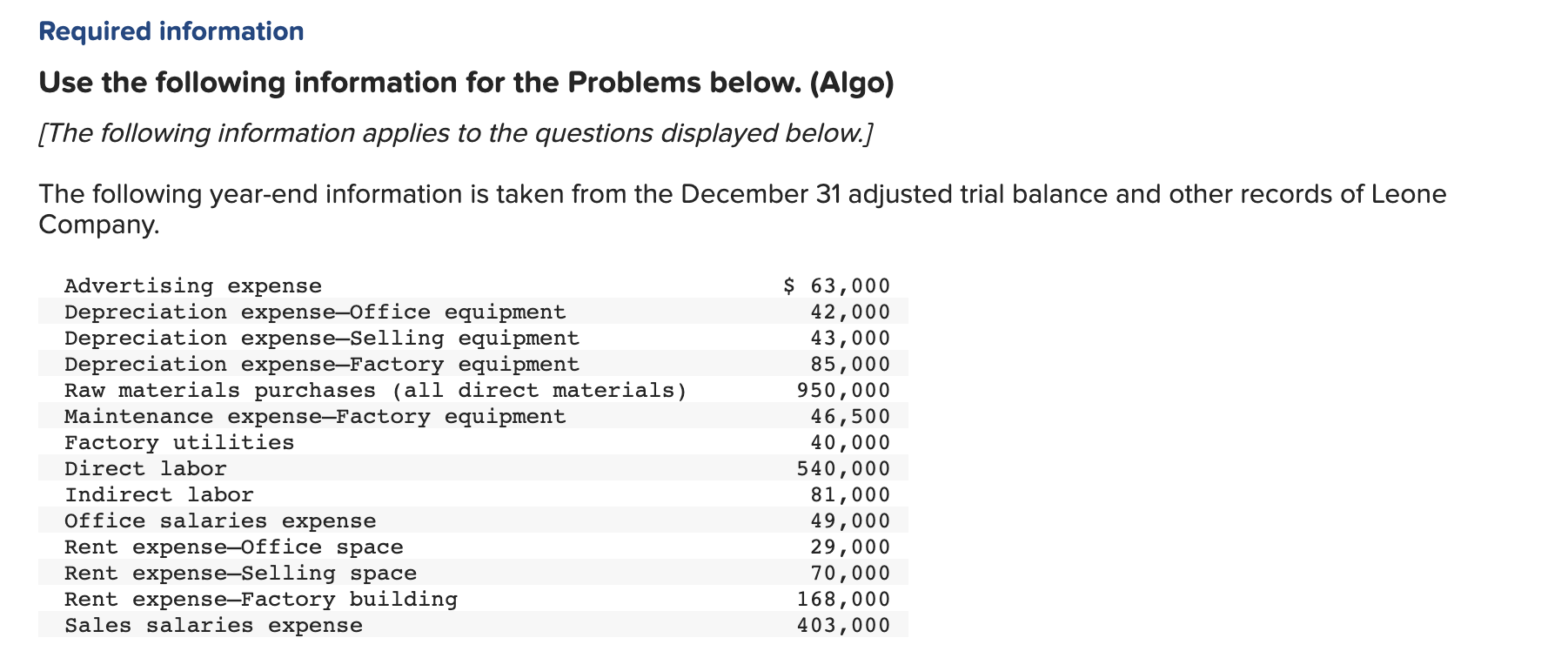 Required information Use the following information for the Problems below. (Algo) [The