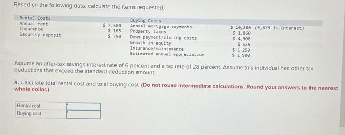 Based on the following data, calculate the items requested: Rental Costs Annual