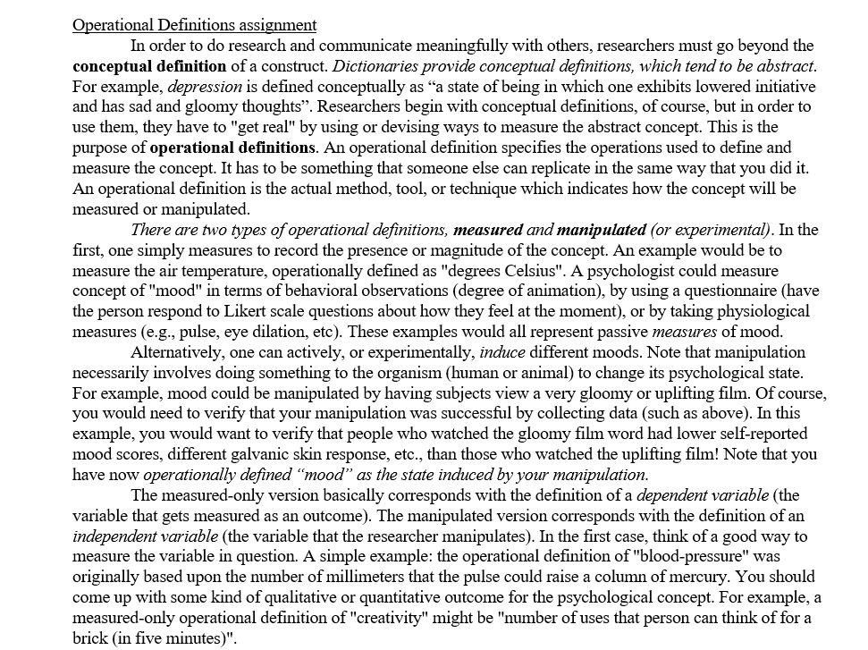 Operational Definitions assignment In order to do research and communicate meaningfully with