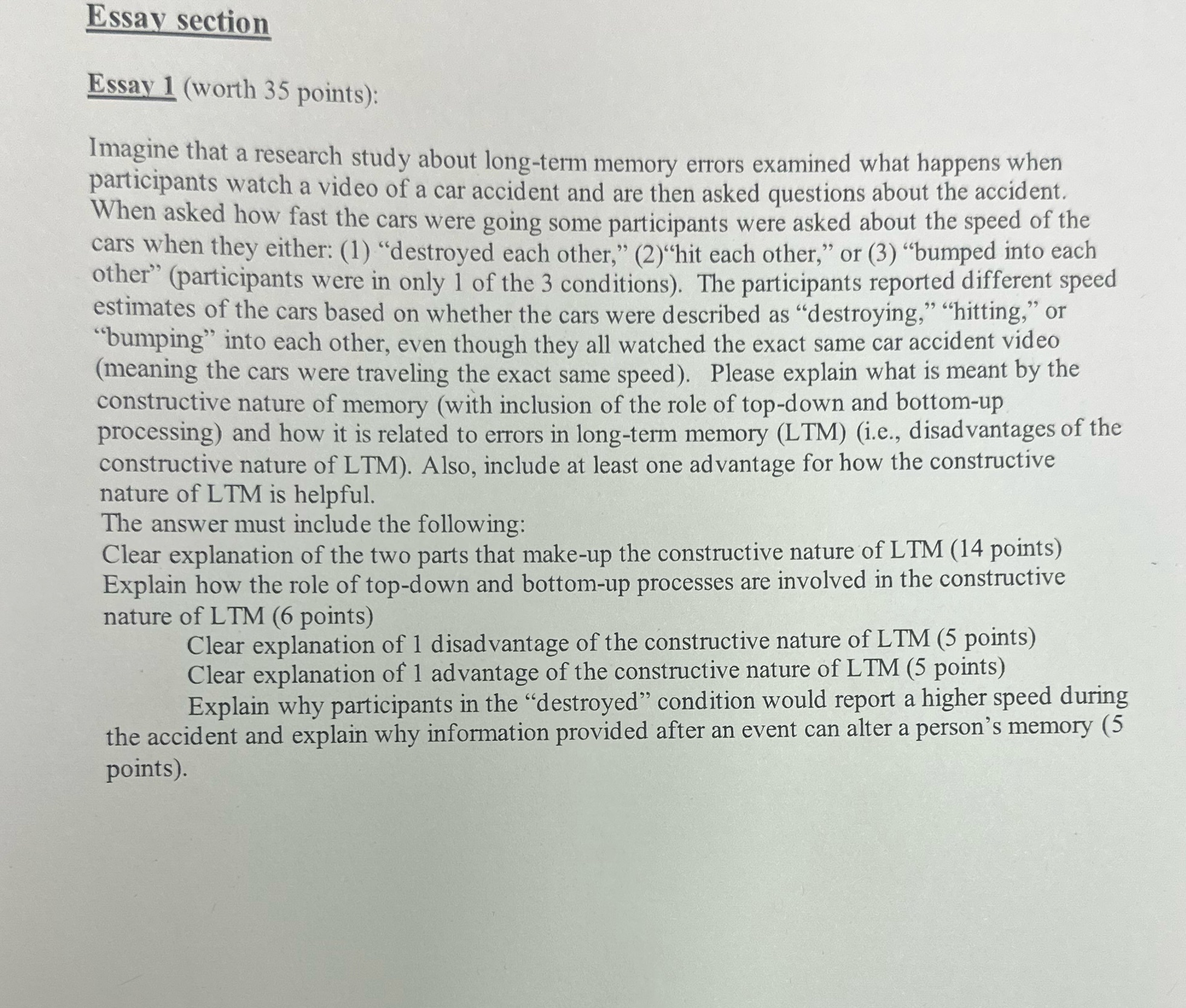 Essay section Essay 1 (worth 35 points): Imagine that a research study