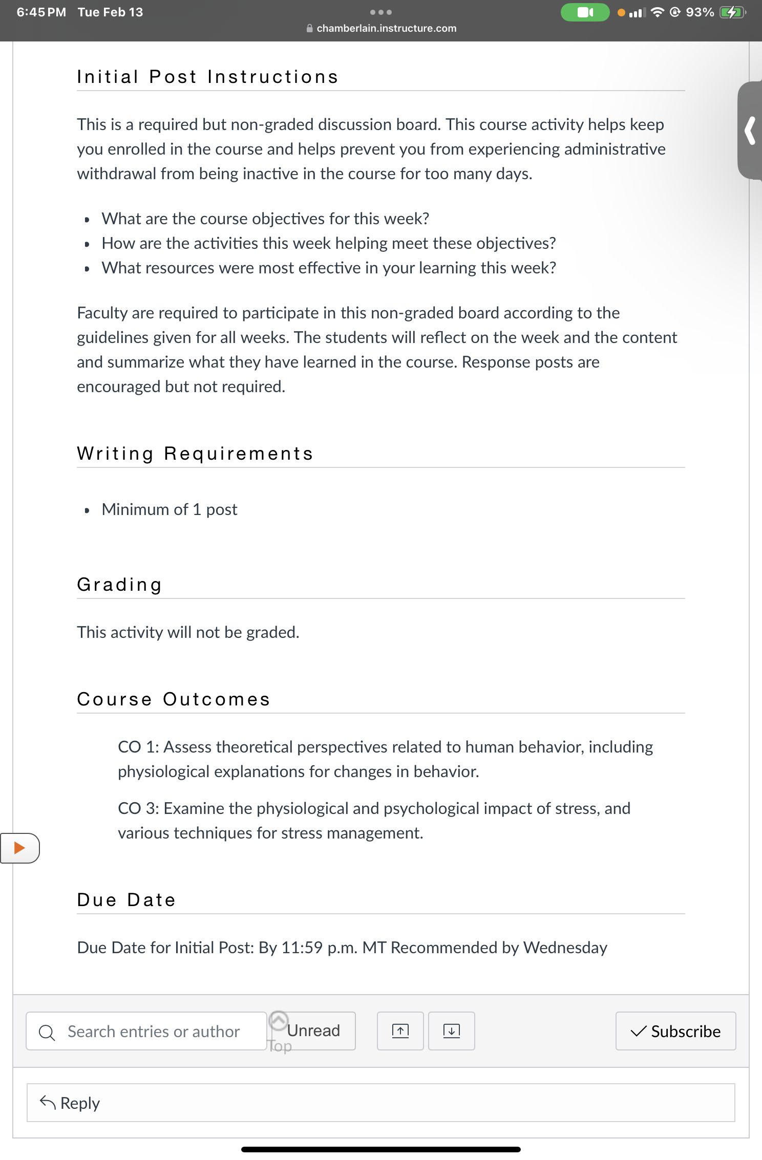 6:45 PM Tue Feb 13 chamberlain.instructure.com Initial Post Instructions This is a
