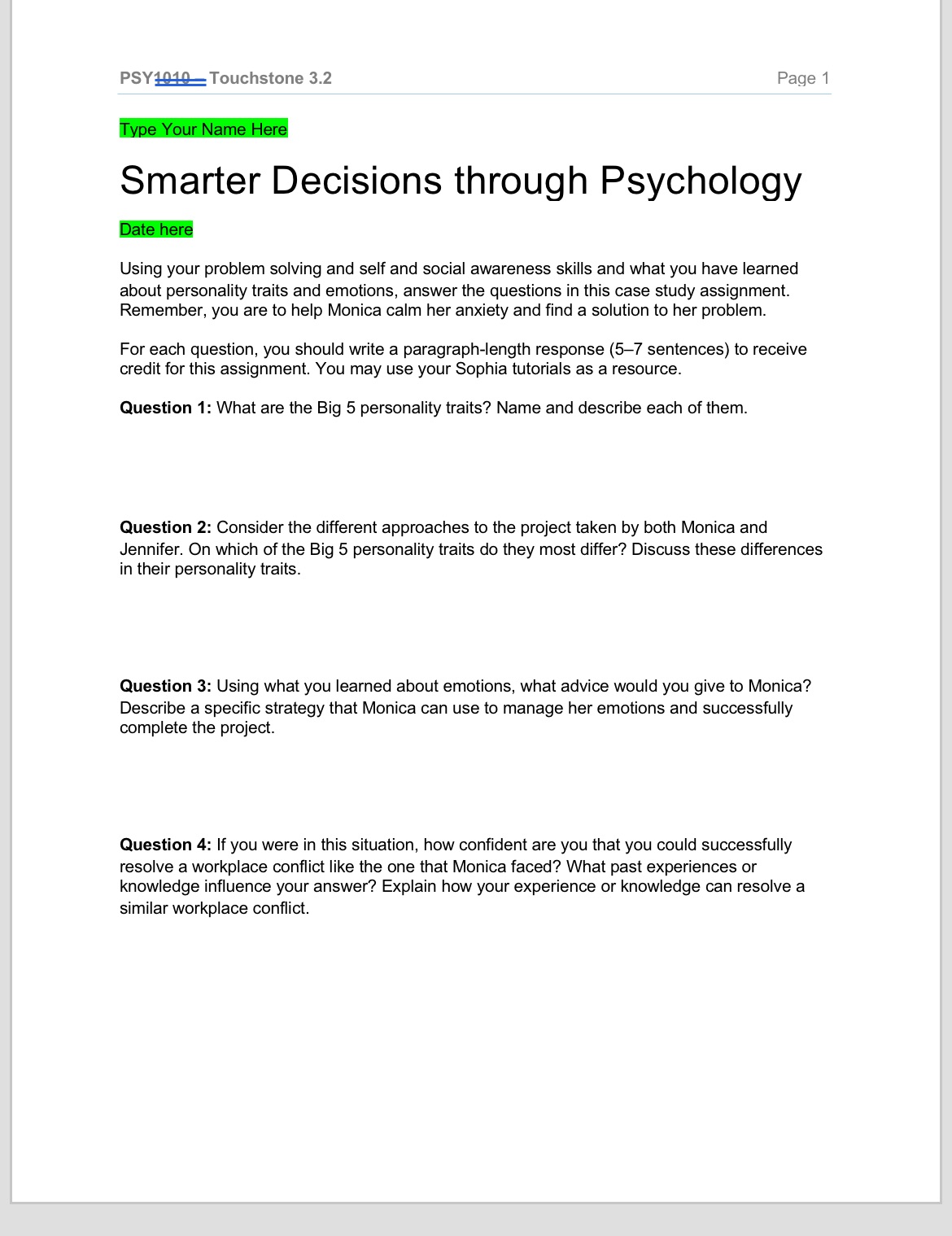 PSY1010 Touchstone 3.2 Type Your Name Here Page 1 Smarter Decisions through