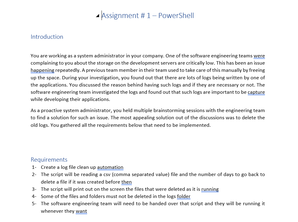 Introduction Assignment # 1 - PowerShell You are working as a system