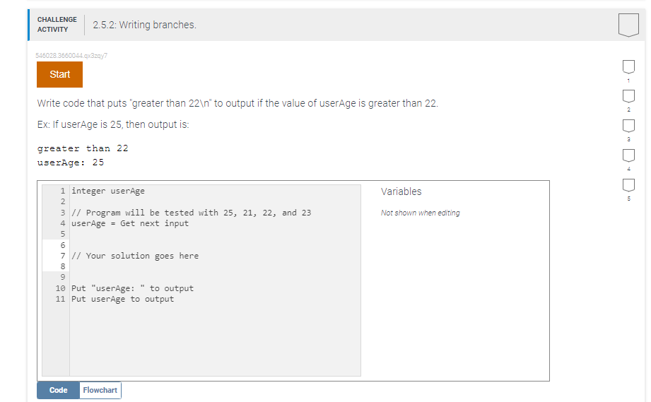 CHALLENGE ACTIVITY 2.5.2: Writing branches. 546028.3660044.qx3zqy7 Start Write code that puts "greater