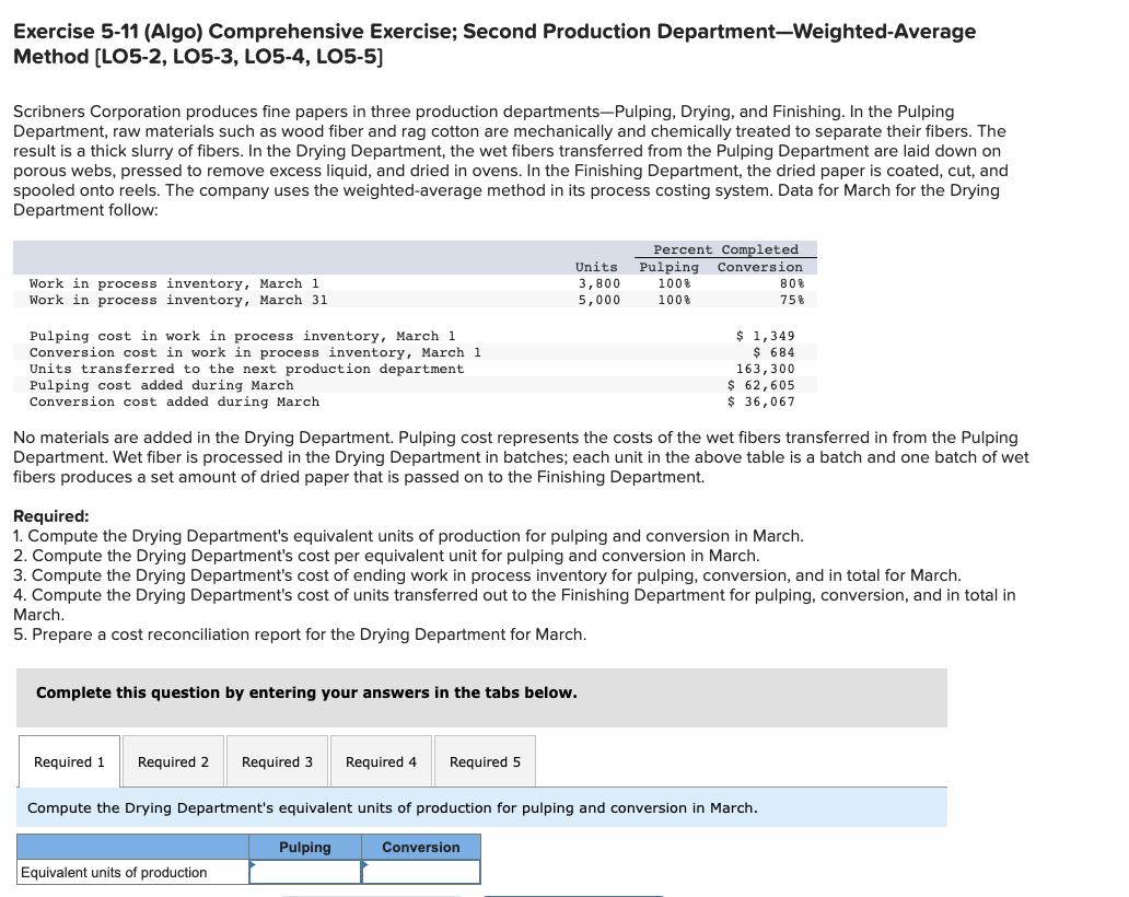 Exercise 5-11 (Algo) Comprehensive Exercise; Second Production Department-Weighted-Average Method [LO5-2, LO5-3, LO5-4,