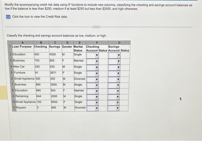 Modify the accompanying credit risk data using IF functions to include new