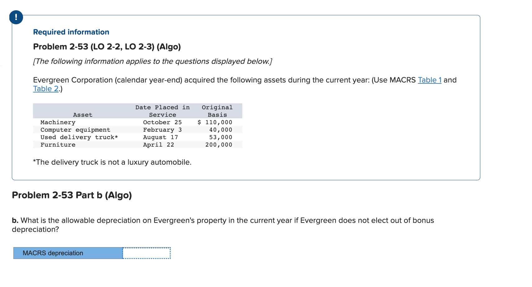Required information Problem 2-53 (LO 2-2, LO 2-3) (Algo) [The following information