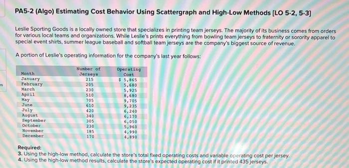es PA5-2 (Algo) Estimating Cost Behavior Using Scattergraph and High-Low Methods [LO