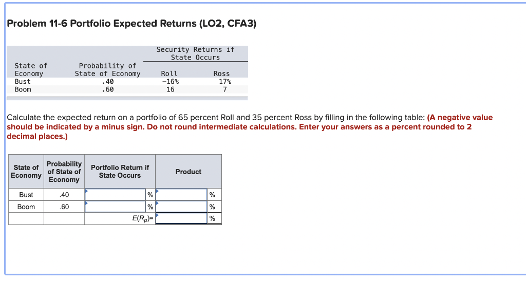 Problem 11-6 Portfolio Expected Returns (LO2, CFA3) Security Returns if State Occurs