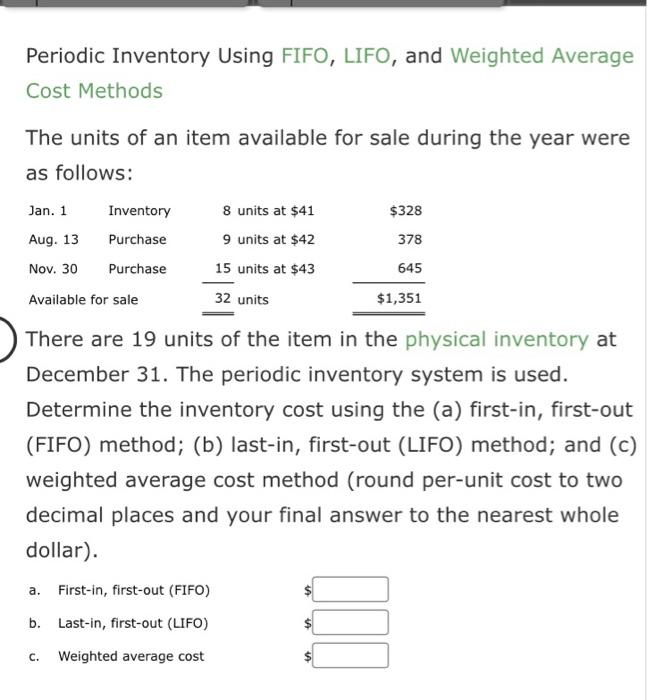 Periodic Inventory Using FIFO, LIFO, and Weighted Average Cost Methods The units