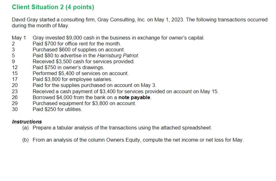 Client Situation 2 (4 points) David Gray started a consulting firm, Gray