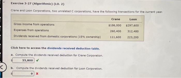 Exercise 3-27 (Algorithmic) (LO. 2) Crane and Loon Corporations, two unrelated C