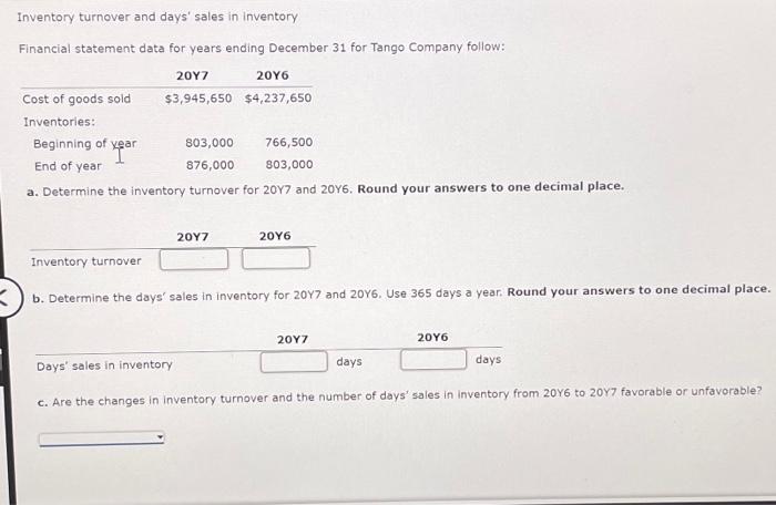 Inventory turnover and days' sales in inventory Financial statement data for years