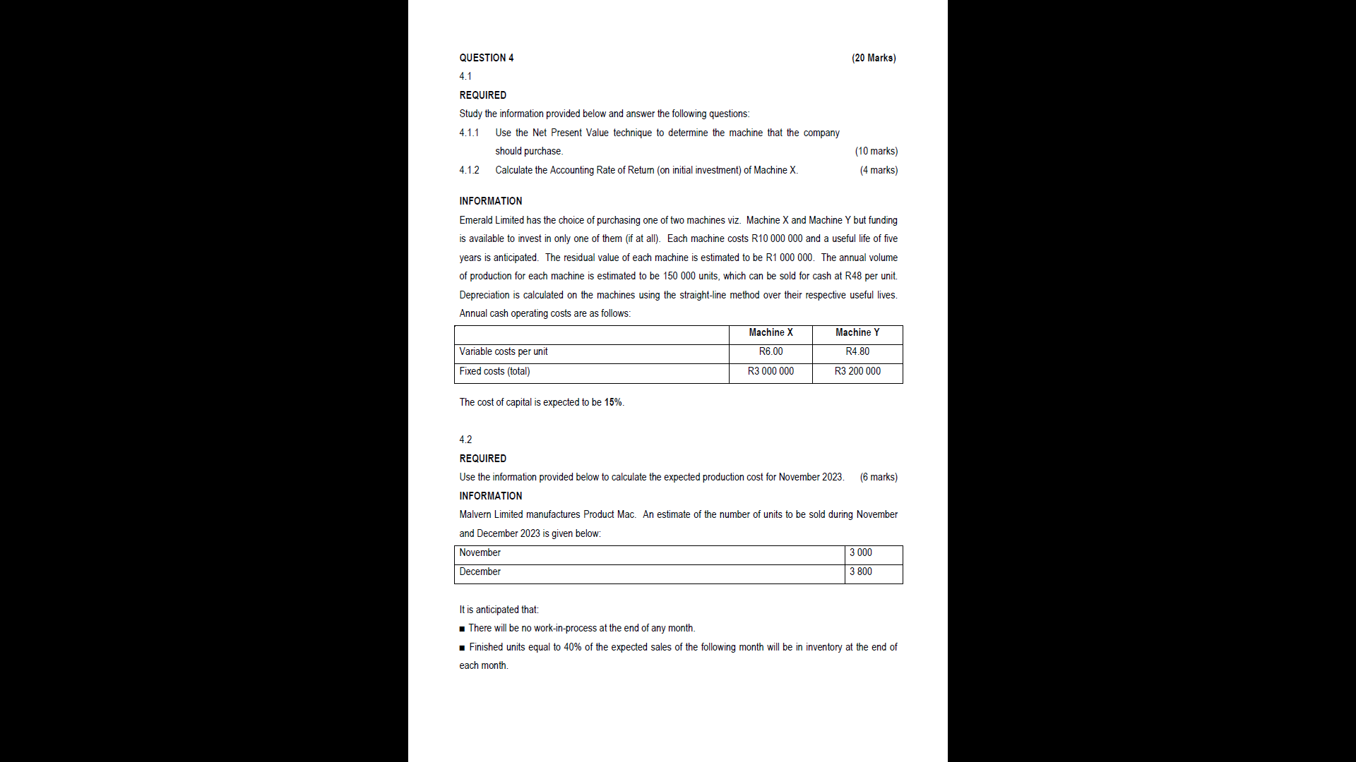 QUESTION 4 4.1 REQUIRED (20 Marks) Study the information provided below and
