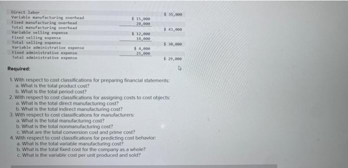 Direct labor Variable manufacturing overhead Fixed manufacturing overhead Total manufacturing overhead Variable